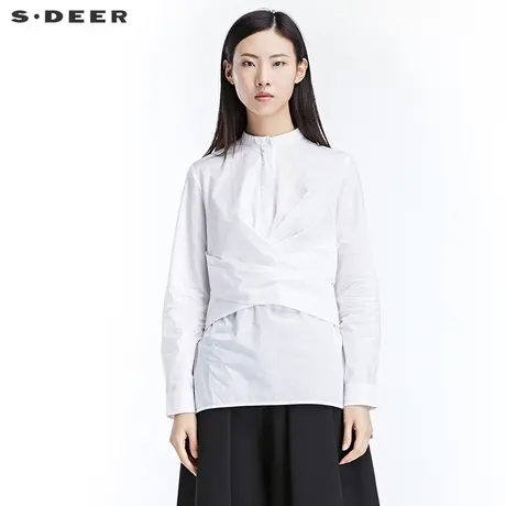 sdeer圣迪奥女装素净纯白垂褶束腰长袖衬衫S17180542图片