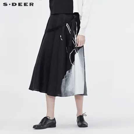 sdeer 圣迪奥2019秋装新款女不对称撞色印花飘带A字长裙S19181103商品大图