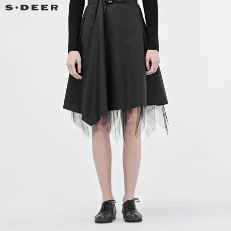 sdeer圣迪奥2019春装新款腰带设计不对称网纱拼接半身裙S19181116商品大图