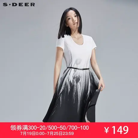 sdeer圣迪奥女夏优雅抽象流动感印花束腰连衣裙S16281267图片
