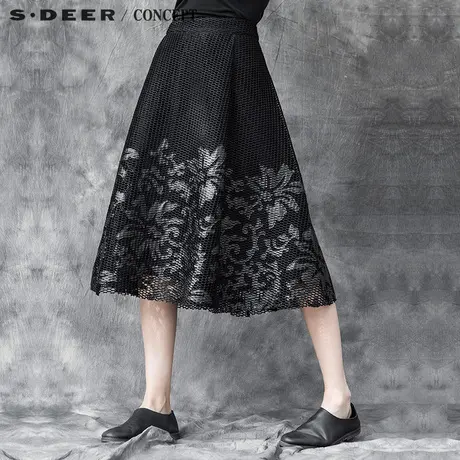 sdeer圣迪奥女2017冬装现代科技感网格贴片半身长裙S15481154图片