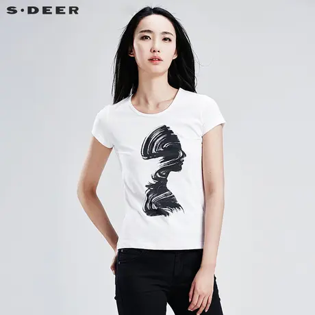 s.deer【新品】圣迪奥女装夏装趣味抽象印花短袖T恤S16280125图片