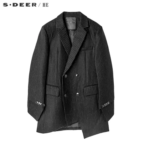 sdeerhe圣迪奥黑白条纹袖口造型不规则下摆平驳领大衣H15471748图片