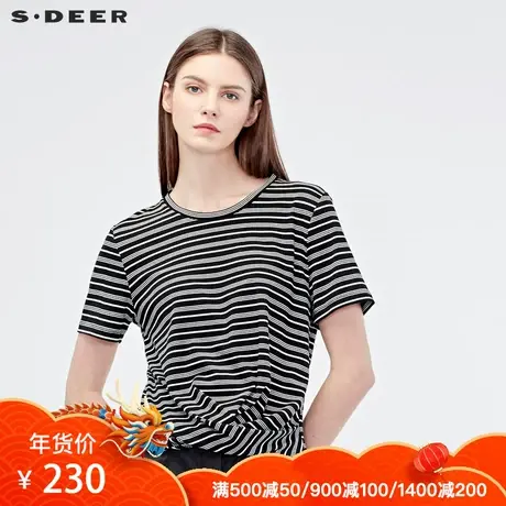 sdeer圣迪奥女2019春季新款撞色条纹圆领褶皱短袖T恤S19160101图片