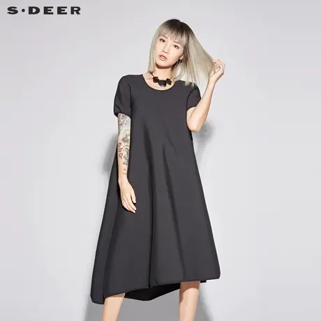 sdeer圣迪奥2018夏装新款圆领横向肌理短袖A版连衣裙女S18281250商品大图