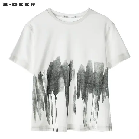 sdeer圣迪奥2019新款简约黑白水墨图案圆领修身短袖T恤S18280189商品大图