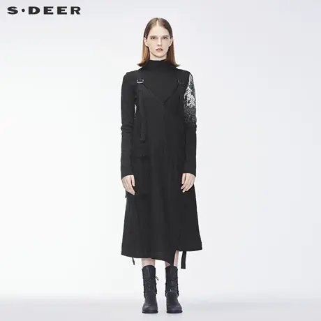 sdeer圣迪奥2019冬装新款女装长款黑色不规则连衣裙S18481228商品大图