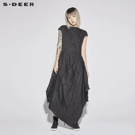 sdeer圣迪奥2018新款女装夏装圆领做皱不规则大摆连衣裙S18281249图片