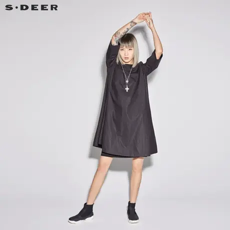 sdeer圣迪奥2019新款女夏装圆领A字版型大摆纯色连衣裙S18281248商品大图