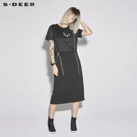 sdeer圣迪奥2019新款女夏装圆领拼接条纹飘带直筒连衣裙S18281260图片