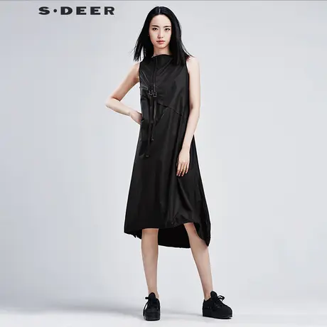 sdeer圣迪奥女装夏装一字领pu拼接宽松显瘦黑色连衣裙女S16281294图片