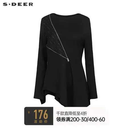 sdeer圣迪奥女装圆领拉链印花不规则长袖T恤S234Z0203商品大图