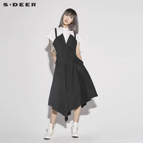 sdeer圣迪奥女装优雅黑白高腰背带不规则摆两件套连衣裙S18281254商品大图