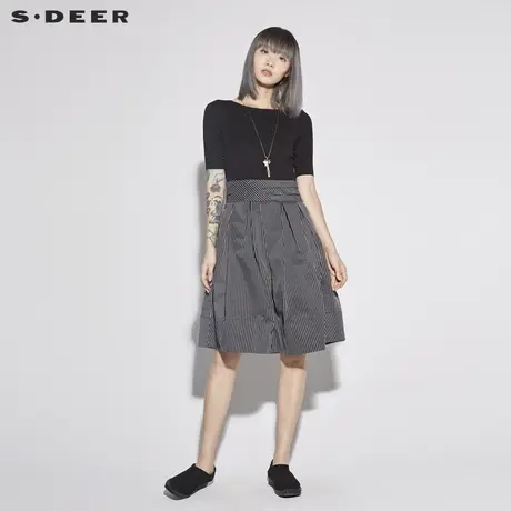 sdeer 圣迪奥 女装经典黑白条纹拼接设计短袖连衣裙S18281201商品大图