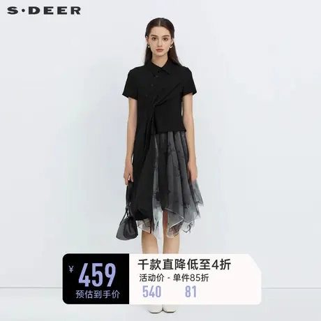 sdeer圣迪奥新中式国风连衣裙斜襟印花网纱两件套衬衫裙S222Z1226商品大图