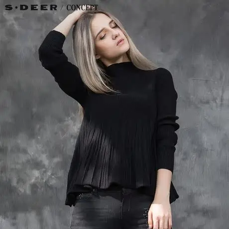sdeer圣迪奥女装2017冬装优雅A廓纯黑针织S15483534商品大图
