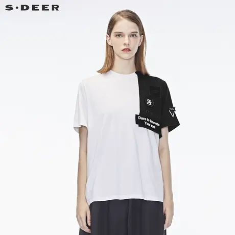 sdeer圣迪奥女装2019秋装新款撞色拼接贴布字母短袖T恤S18380231图片