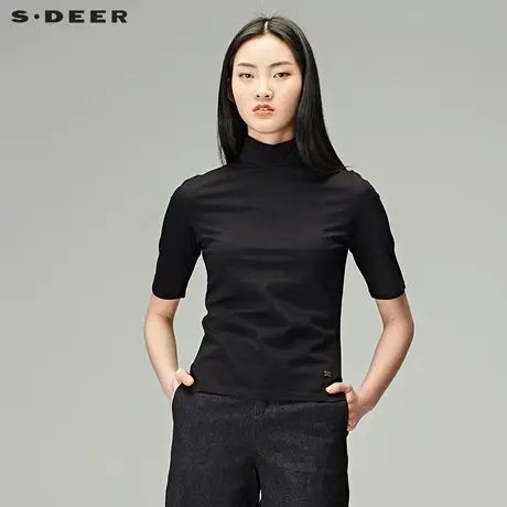 sdeer圣迪奥2019春装中性套头半高圆领修身中袖T恤女装S18180220图片
