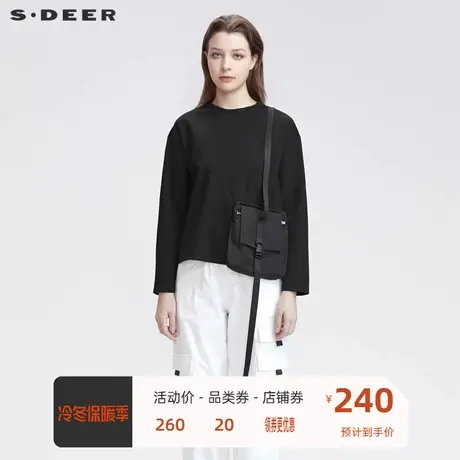 sdeer圣迪奥女装时尚圆领拼接口袋黑色长袖T恤S22180201图片