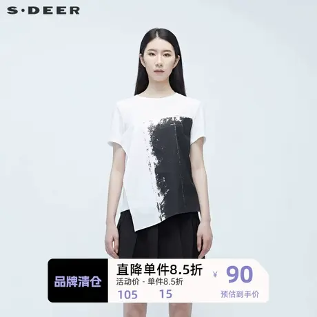 sdeer圣迪奥高级感夏装新品不规则拼接印花短袖T恤S20280133商品大图