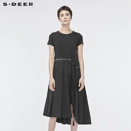 sdeer圣迪奥黑色夏新款连衣裙撞色线迹飘带不规则高腰裙S19281210图片