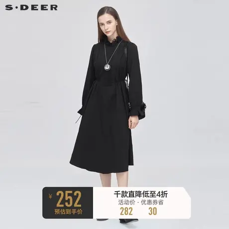 sdeer圣迪奥冬季女装复古蕾丝风琴褶收腰长袖黑色连衣裙S20481221商品大图