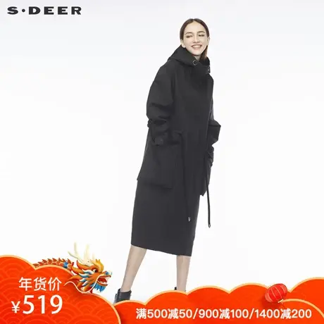 sdeer圣迪奥酷黑时尚高领连帽夸张贴袋腰部抽绳设计外套S18381838图片