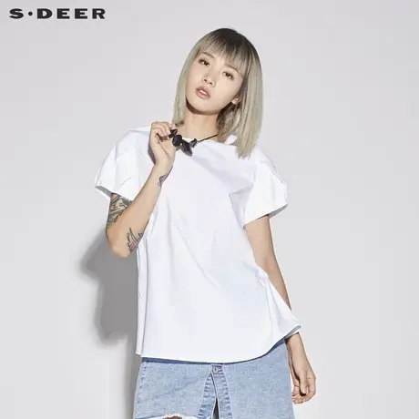 sdeer圣迪奥2019新款女装夏装唯美素白套头圆领短袖T恤S18280410图片