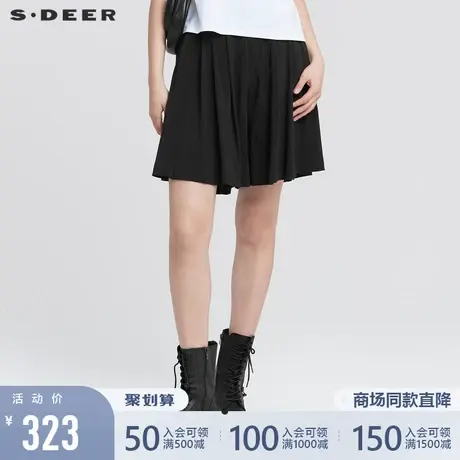 sdeer圣迪奥女装22夏装新品简约插袋压褶阔腿黑色中裤S22280919商品大图