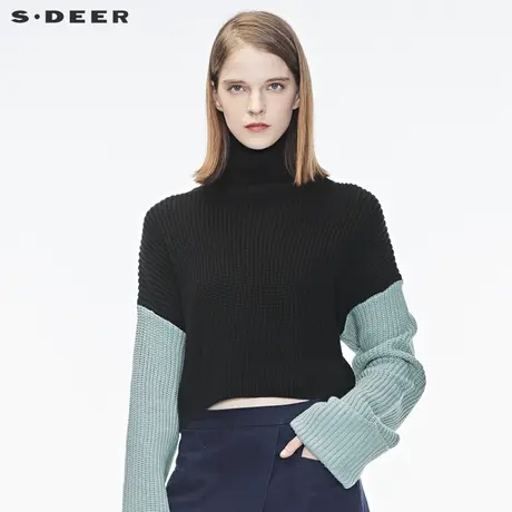 sdeer圣迪奥2018秋装新款撞色拼接长袖高领毛衣针织衫女S17383526图片