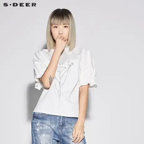 sdeer圣迪奥2019新款女装夏装甜美套头荷叶印胶短袖T恤S18280403图片
