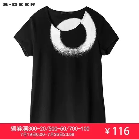 sdeer圣迪奥2018夏装新款科技感涂层印花休闲黑色T恤女S17280146图片