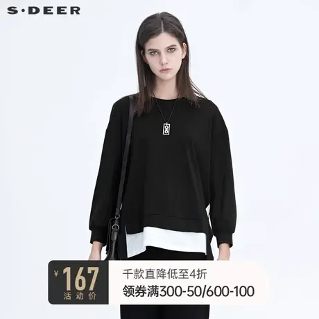 sdeer圣迪奥女装圆领假两件飘带落肩黑色长袖T恤卫衣S20480207商品大图