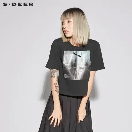 sdeer圣迪奥2019新款简约圆领套头印胶短袖T恤S18280155商品大图