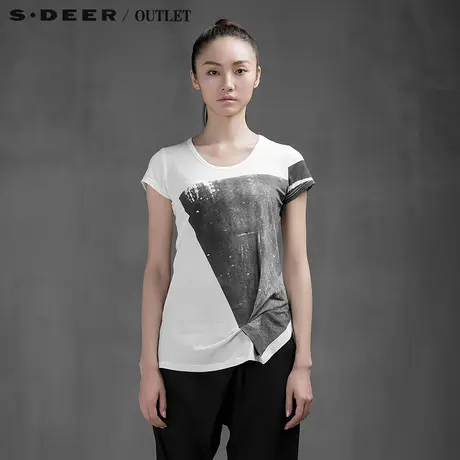 sdeer圣迪奥女装夏装分割压褶固定印花T恤S15280125商品大图