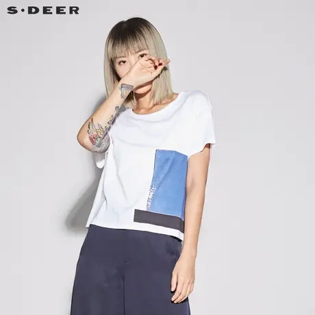 sdeer圣迪奥女装2019夏装新款简约素白圆领印花短袖T恤S18280145商品大图