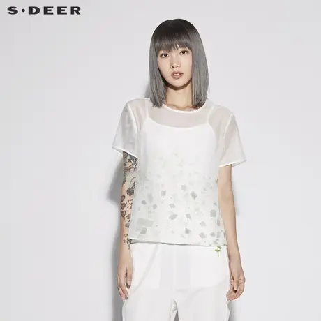 sdeer圣迪奥2019新款女素雅圆领抽象印花两件套T恤吊带S18280433商品大图
