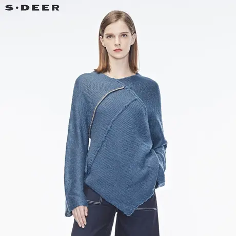 sdeer圣迪奥女装复古感不规则明线拼接小V领毛衣S18353591商品大图