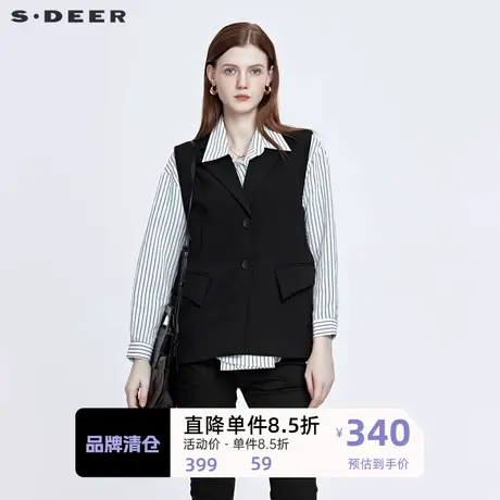 sdeer圣迪奥女装休闲翻领马甲两件套条纹长袖衬衫上衣S22160505商品大图