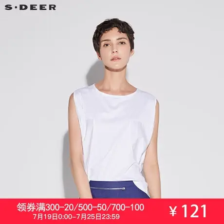 sdeer圣迪奥2019夏装宽松廓型线条圆领无袖短款T恤女装S17280115图片