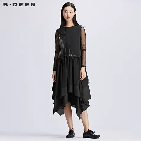 sdeer圣迪奥女春装设计感破边飘逸两件套雪纺拼接连衣裙S17181203商品大图