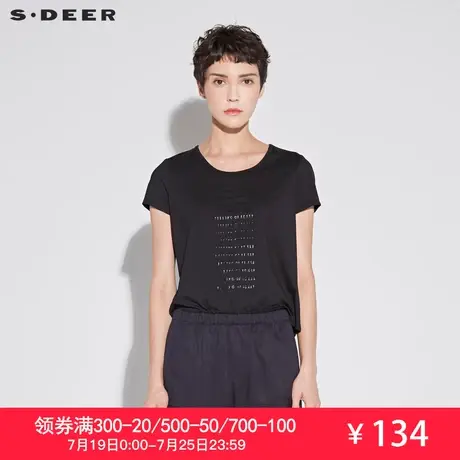 sdeer圣迪奥女2019夏装新款欧美风字母黑色短袖T恤S18680127图片