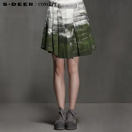 sdeer圣迪奥女装水墨抽象绘意棉麻短裙 S15281344图片
