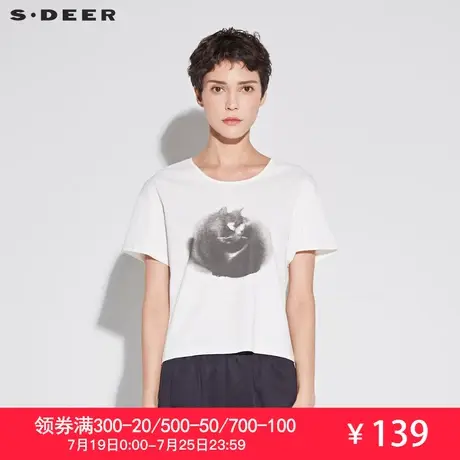 sdeer圣迪奥2019夏装新款简约圆领撞色猫咪印花短袖T恤S18660103图片