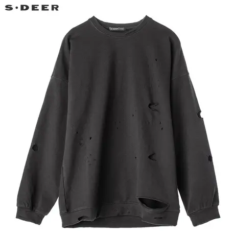 sdeer圣迪奥2019冬装做旧破洞黑色落肩卫衣外套S17482202图片