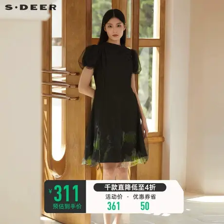 sdeer圣迪奥女装立领盘扣网纱改良新中式小众黑色连衣裙S222Z124P图片