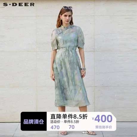 sdeer圣迪奥女装木耳边收腰新中式两件套连衣裙S232Z12AV商品大图
