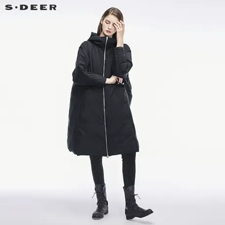 sdeer圣迪奥2018冬装新款深挖口袋高领连帽长款羽绒服女S18482410图片
