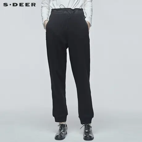 sdeer圣迪奥春秋女装宽松系带收脚黑色运动休闲棉质长裤S20180821图片