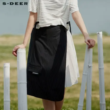 【直播间专属】sdeer圣迪奥女装时尚条纹褶皱拼接长裙S20381117图片